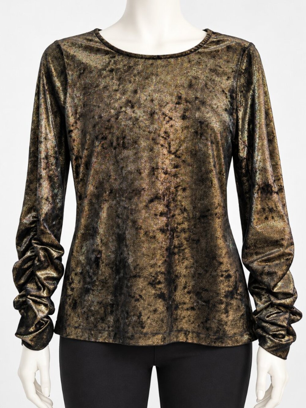 Vince Camuto Black Gold Metallic Velvet Ruched Statement Sleeve Top Size M